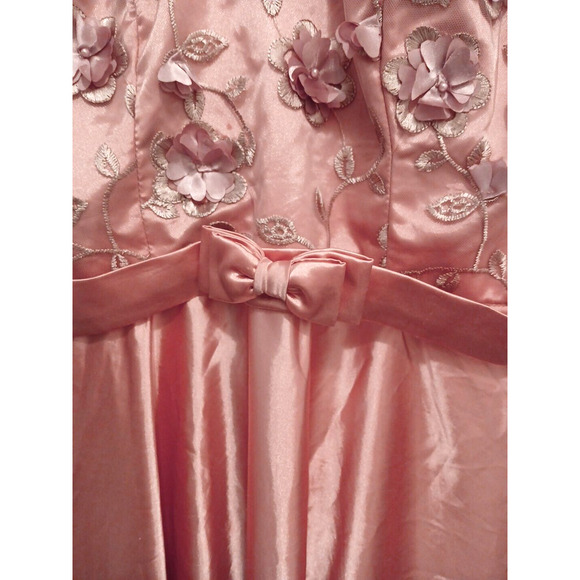 VNTG 80s Satin Dress Sz XL Pink 3D Flowers Chiffon Sleeves Fairy Princess Retro - Picture 8 of 12